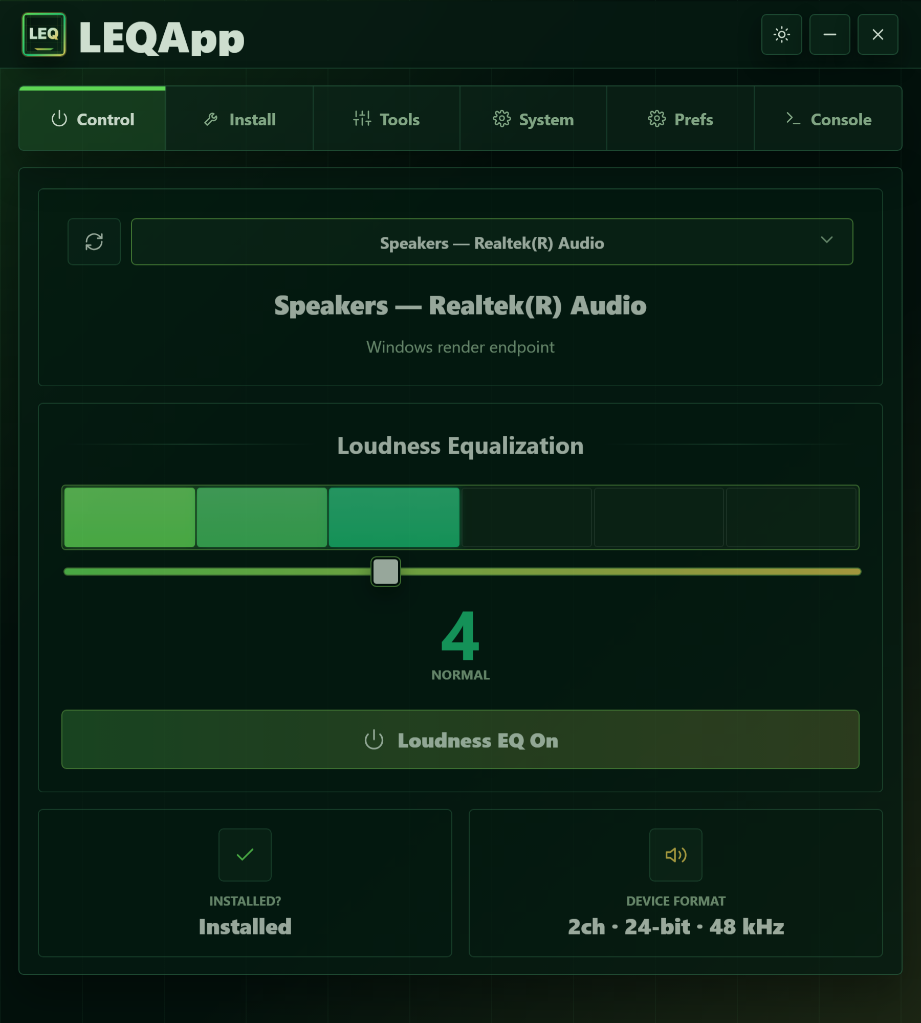 LoudnessEQApp — Control panel screen