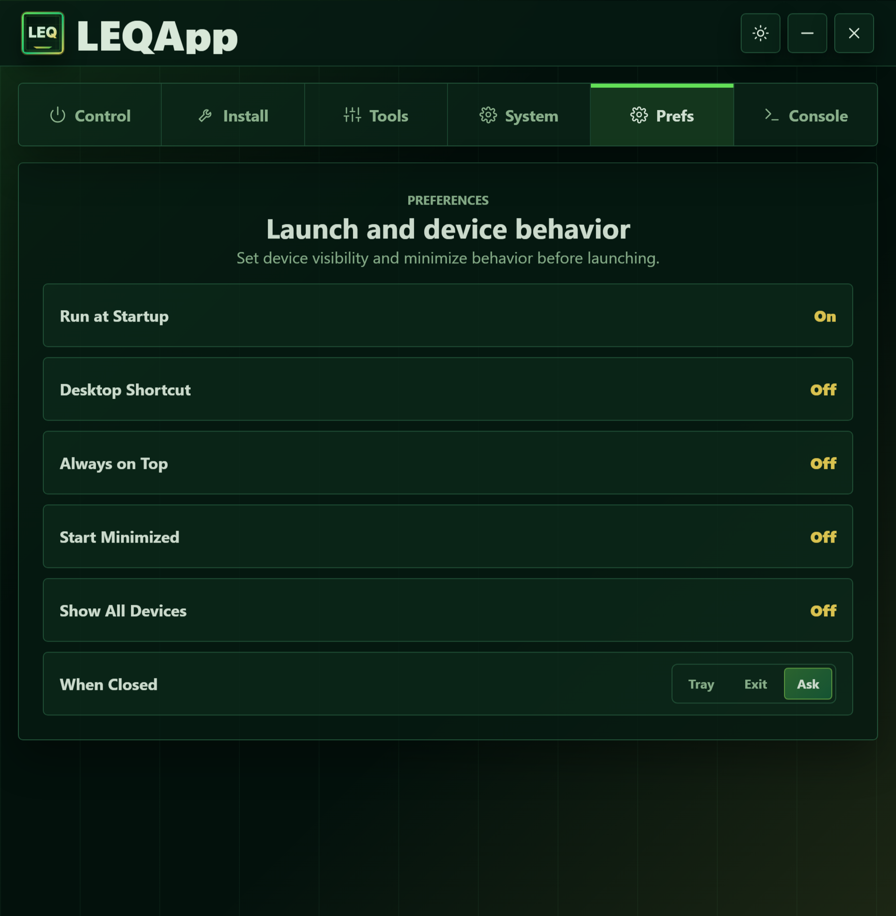 LoudnessEQApp — Preferences screen